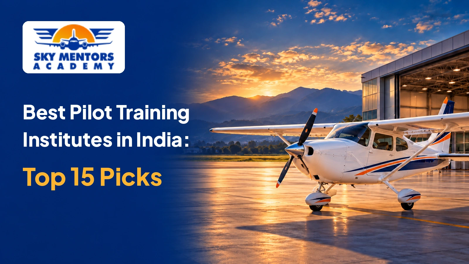 Pilot training aircraft outside a hangar with the title “Best Pilot Training Institutes in India: Top 15 Picks” and Sky Mentors Academy logo.