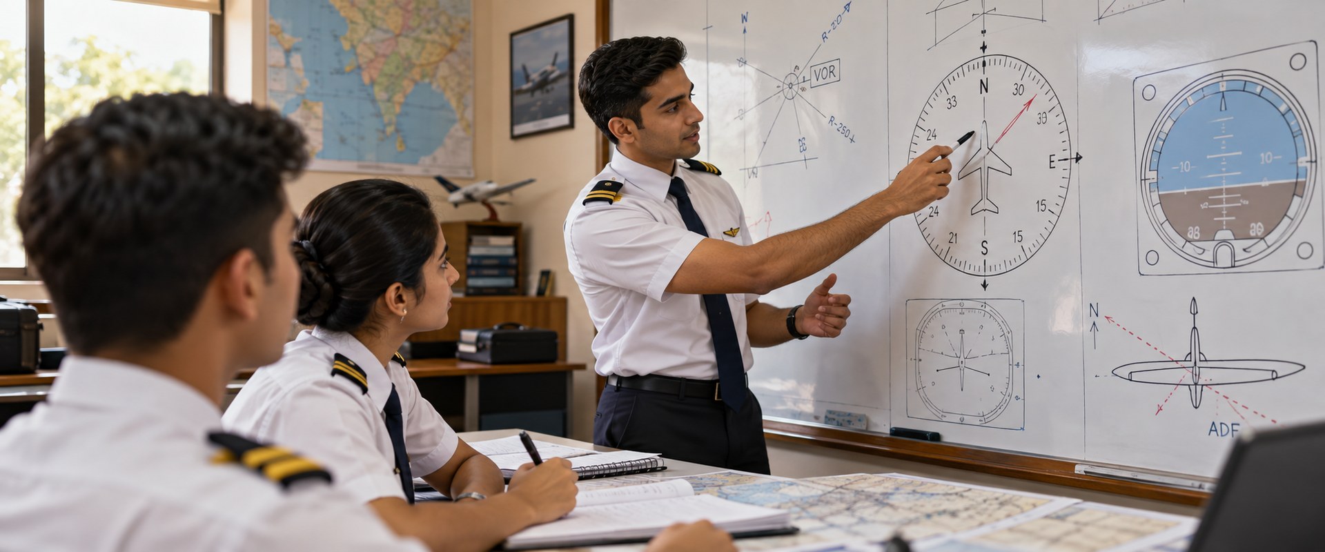 Instructor teaching DGCA ground classes to cadets in Jaipur