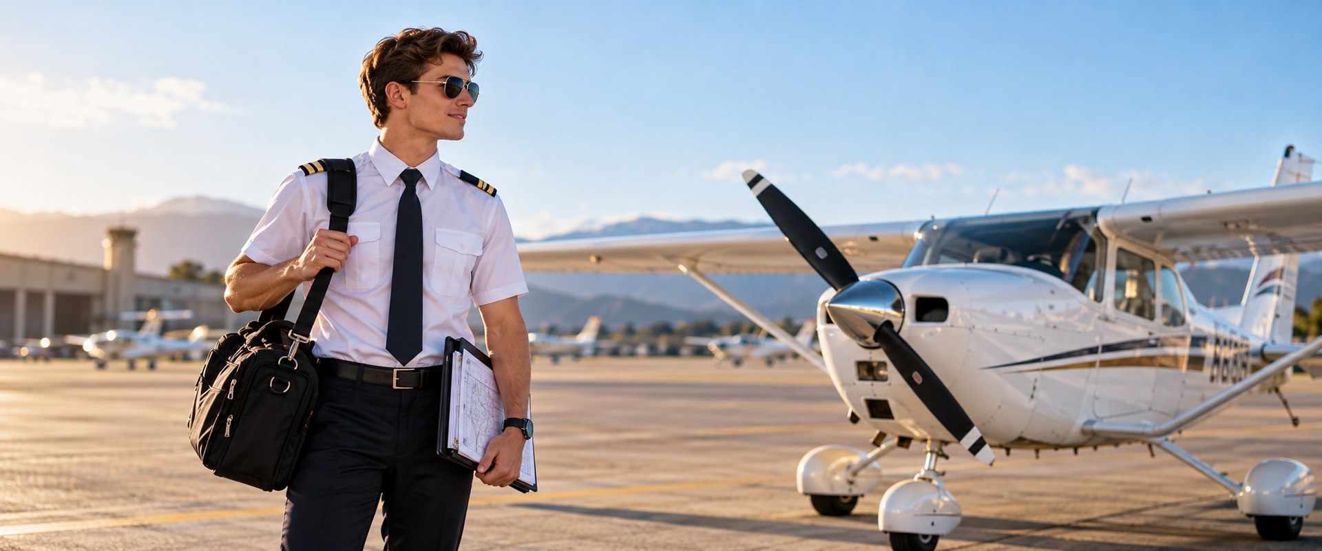 Pilot in uniform at the airport before a training flight